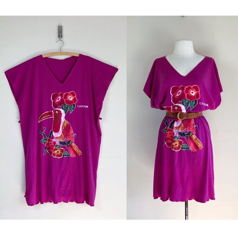 vintage 70s 80s cancun beach mini dress caftan toucan bird print hippie boho